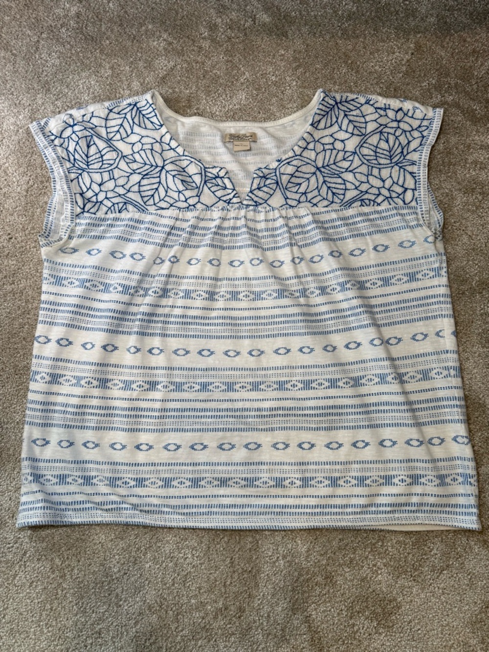 Lucky Brand Embroidered Mixed Media Top Blue White Boho Notch Neck XL